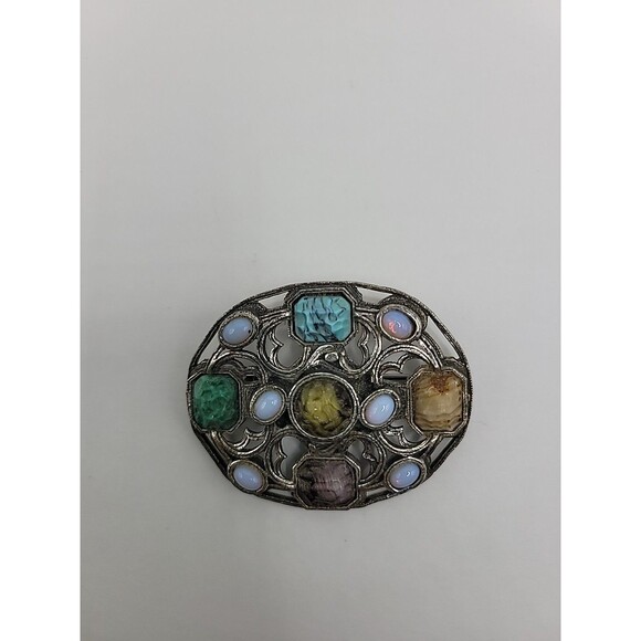 Vintage Miracle Scottish Celtic Brooch Faux Agate Opal Glass Stones Silver tone - Picture 5 of 13